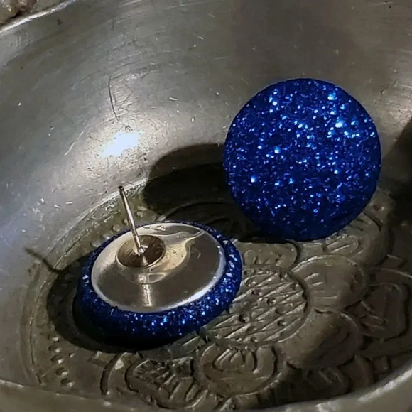Retro 80s Club Glam Disco Sparkly Cobalt Blue Fabric Button Earrings - Picture 8 of 10